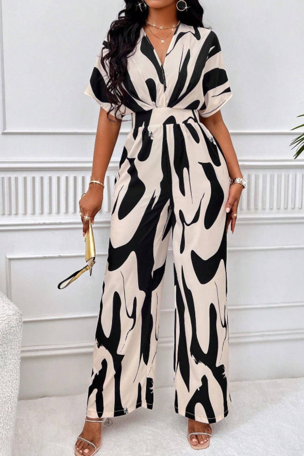 Printed V - Neck Short Sleeve Wide Leg Jumpsuit - ViarousViarousViarous
