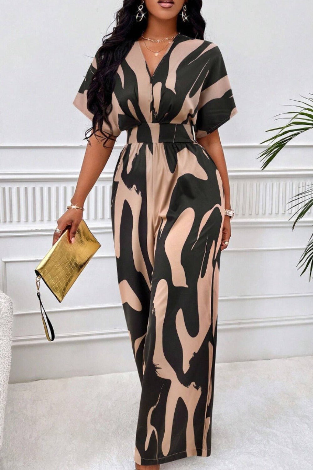 Printed V - Neck Short Sleeve Wide Leg Jumpsuit - ViarousViarousViarous