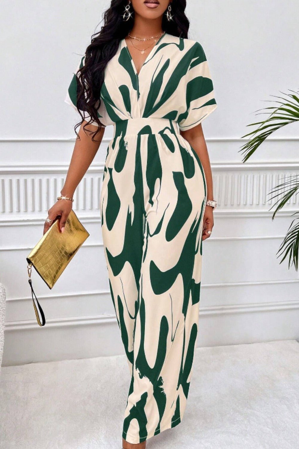 Printed V - Neck Short Sleeve Wide Leg Jumpsuit - ViarousViarousViarous