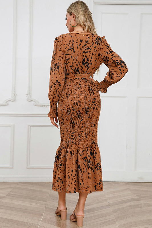 Printed V - Neck Smocked Midi Dress - ViarousViarousViarous