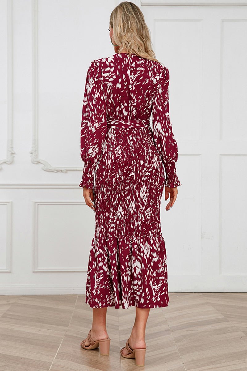 Printed V - Neck Smocked Midi Dress - ViarousViarousViarous