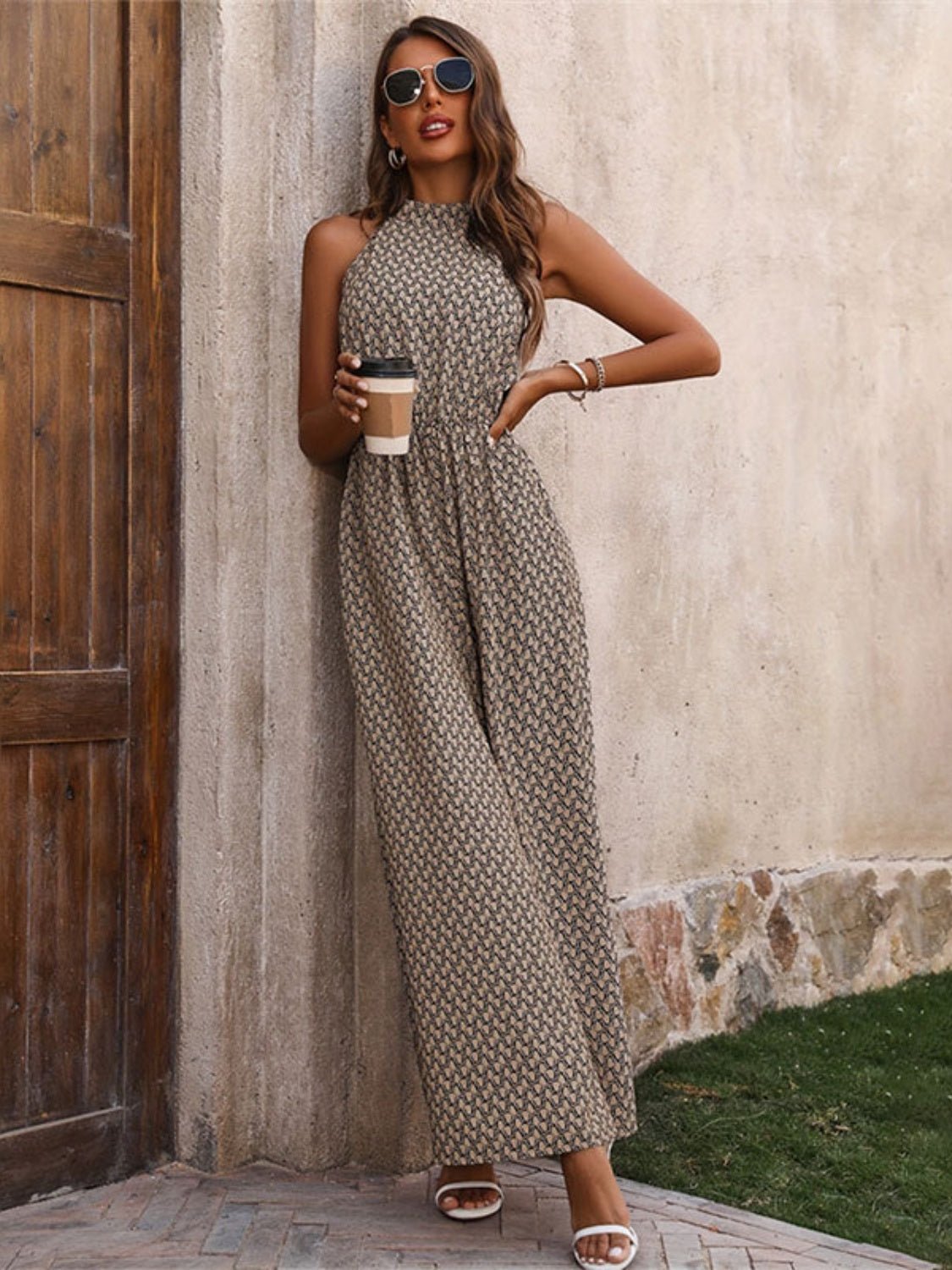 Printed Wide Leg Sleeveless Jumpsuit - ViarousViarousViarous