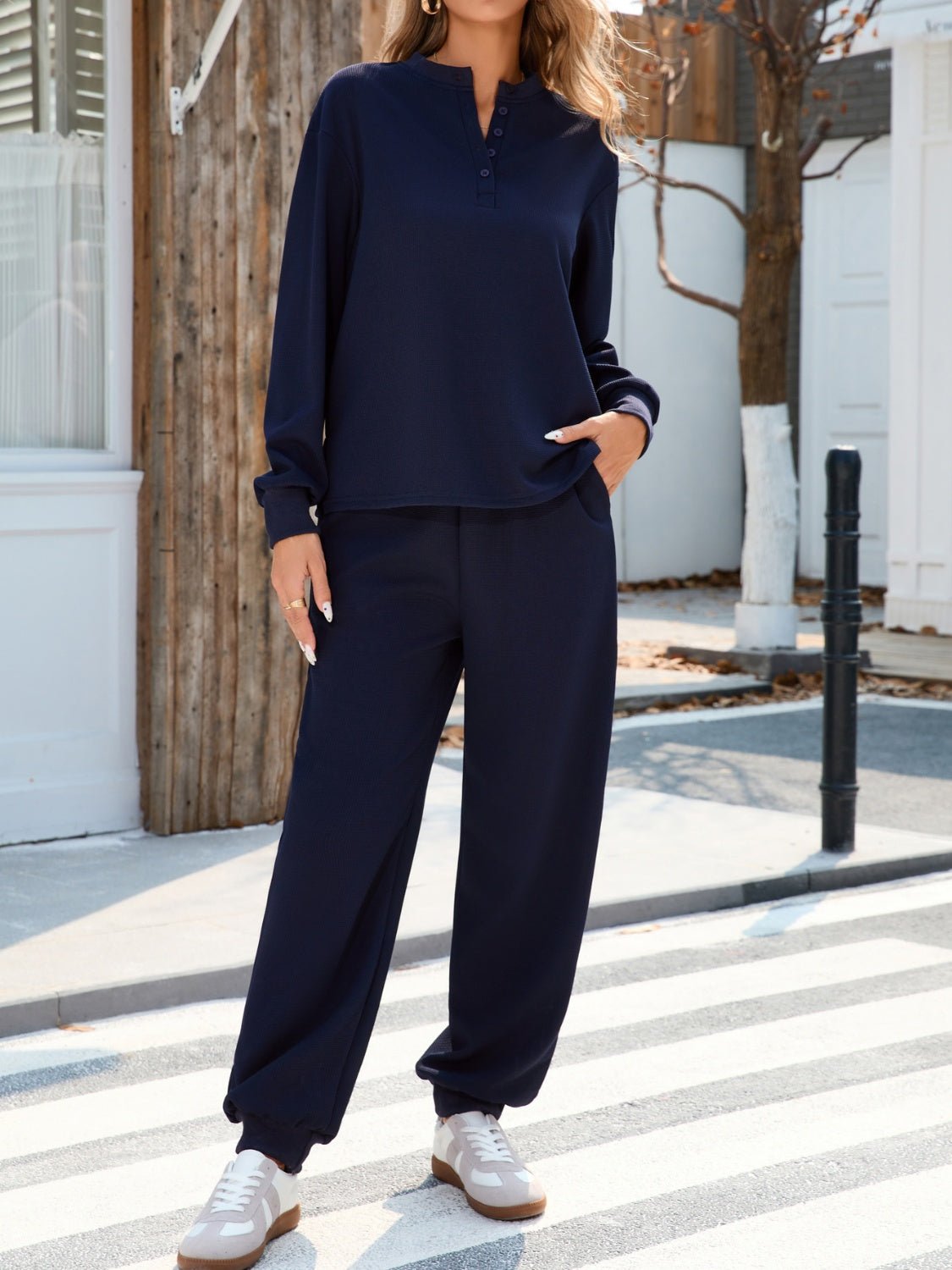 Quarter Button Long Sleeve Top and Pants Set - ViarousViarousViarous