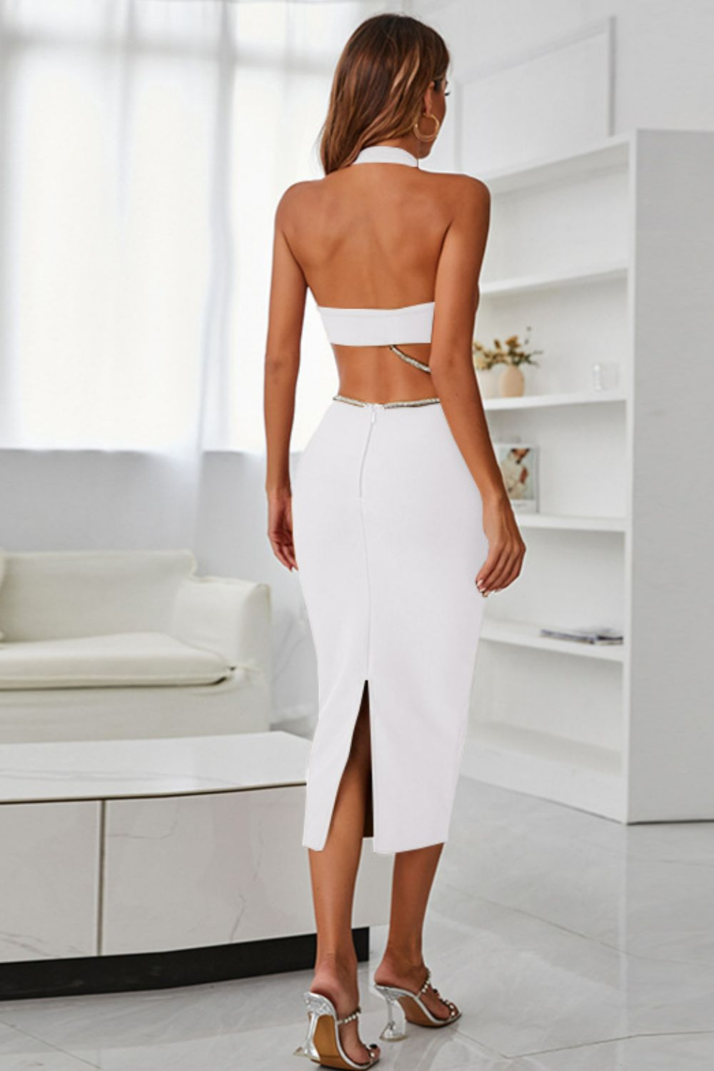 Rhinestone Halter Neck Cutout Slit Midi Dress - ViarousViarousViarous