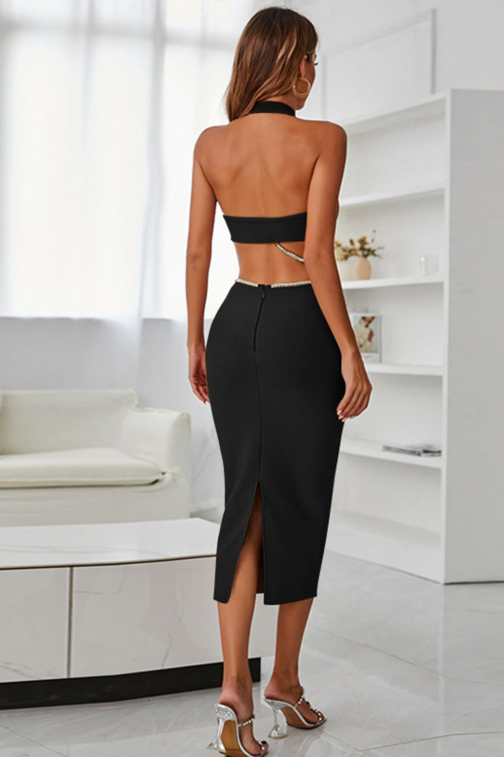 Rhinestone Halter Neck Cutout Slit Midi Dress - ViarousViarousViarous
