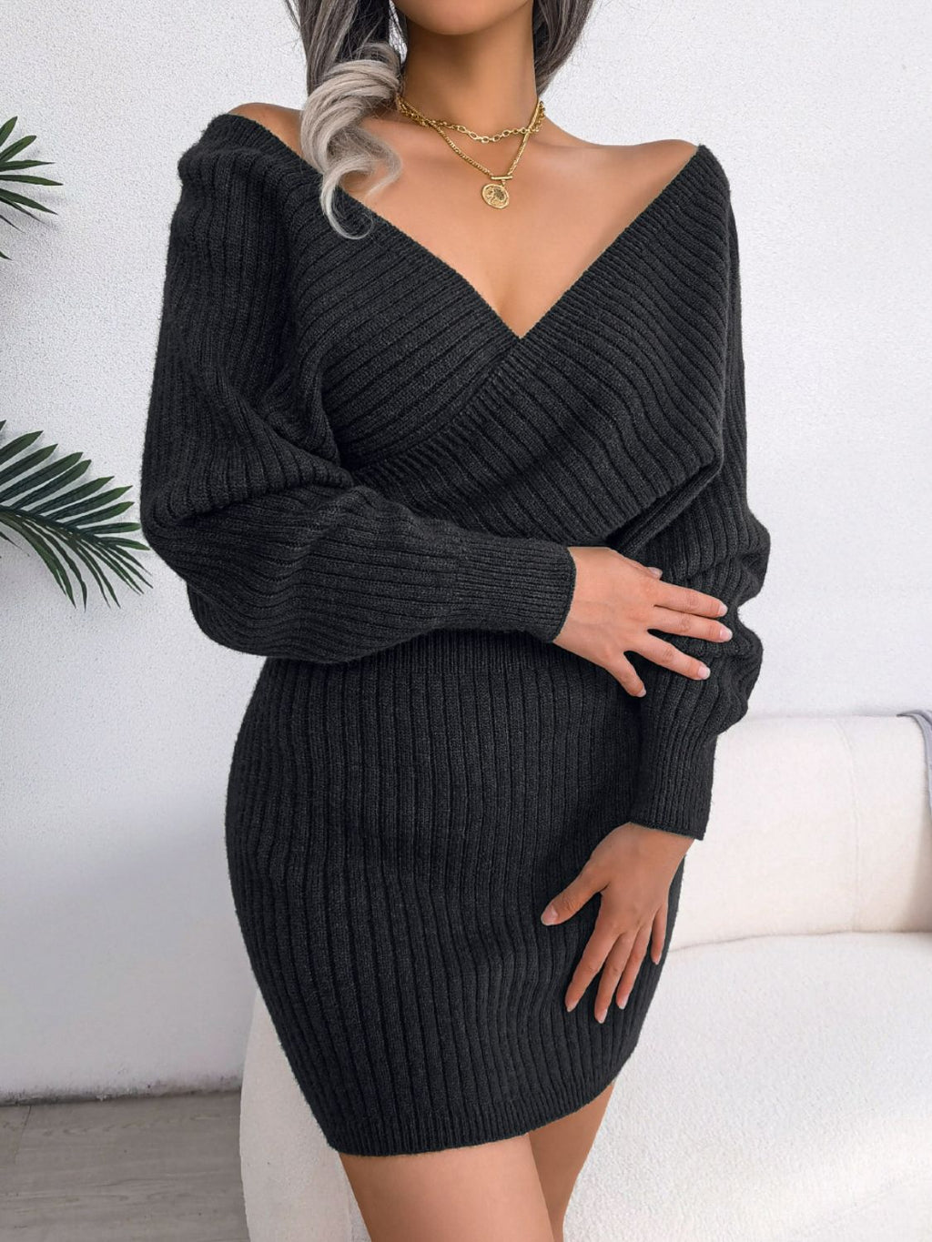 Rib - Knit Dolman Sleeve Sweater Dress - ViarousViarousViarous