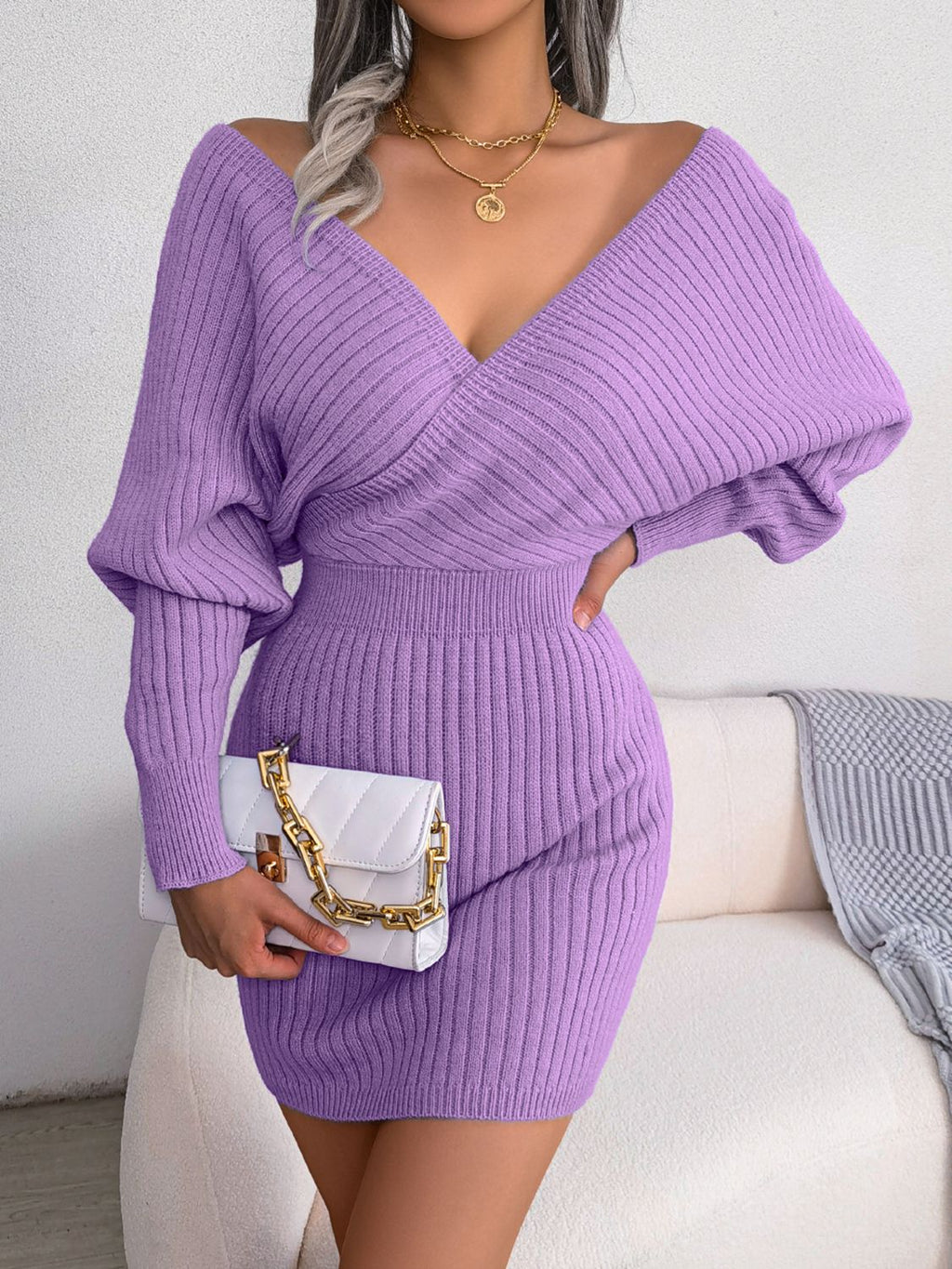 Rib - Knit Dolman Sleeve Sweater Dress - ViarousViarousViarous