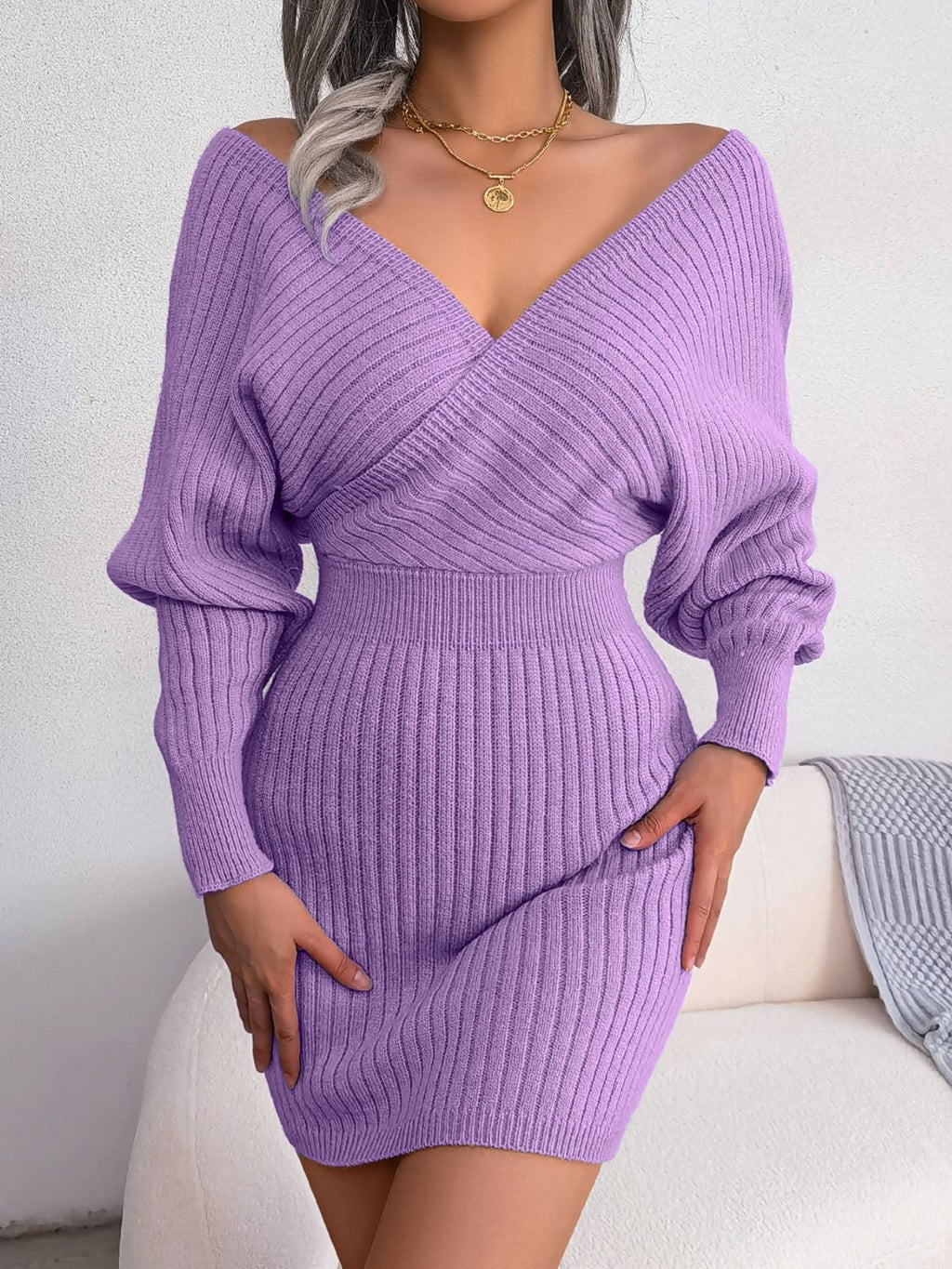 Rib - Knit Dolman Sleeve Sweater Dress - ViarousViarousViarous