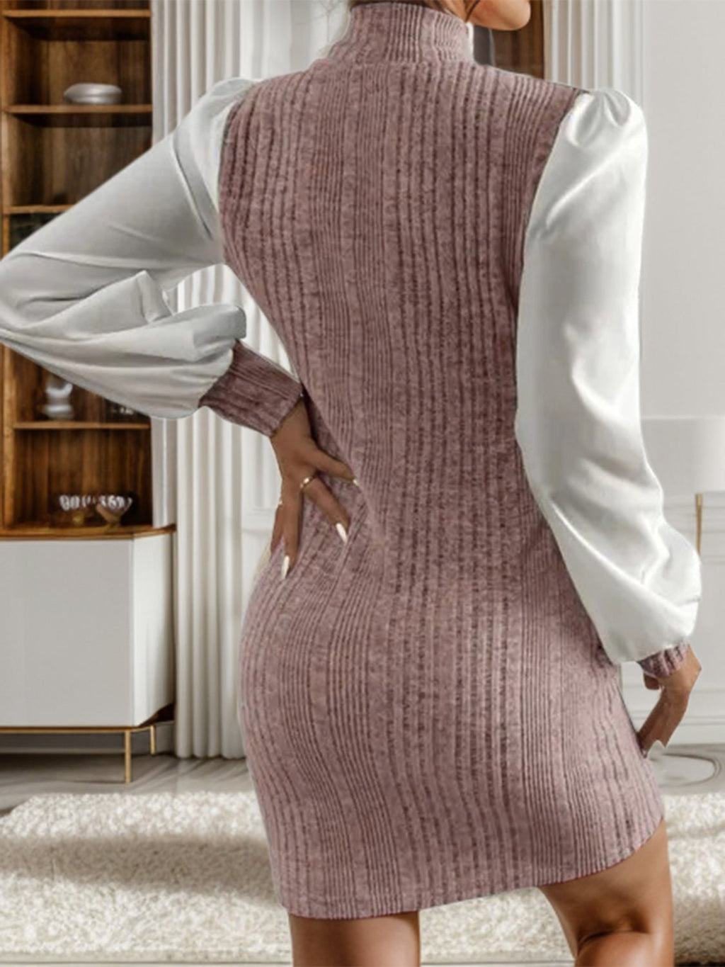 Ribbed Contrast Long Sleeve Sweater Dress - ViarousViarousViarous