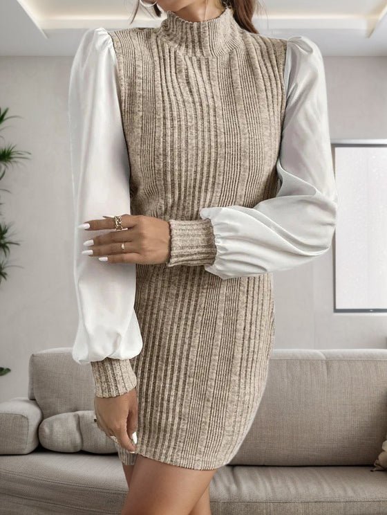 Ribbed Contrast Long Sleeve Sweater Dress - ViarousViarousViarous
