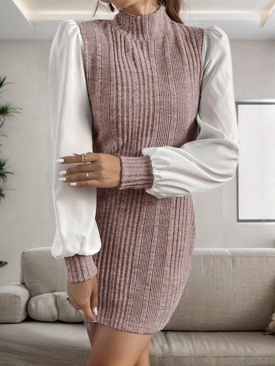 Ribbed Contrast Long Sleeve Sweater Dress - ViarousViarousViarous