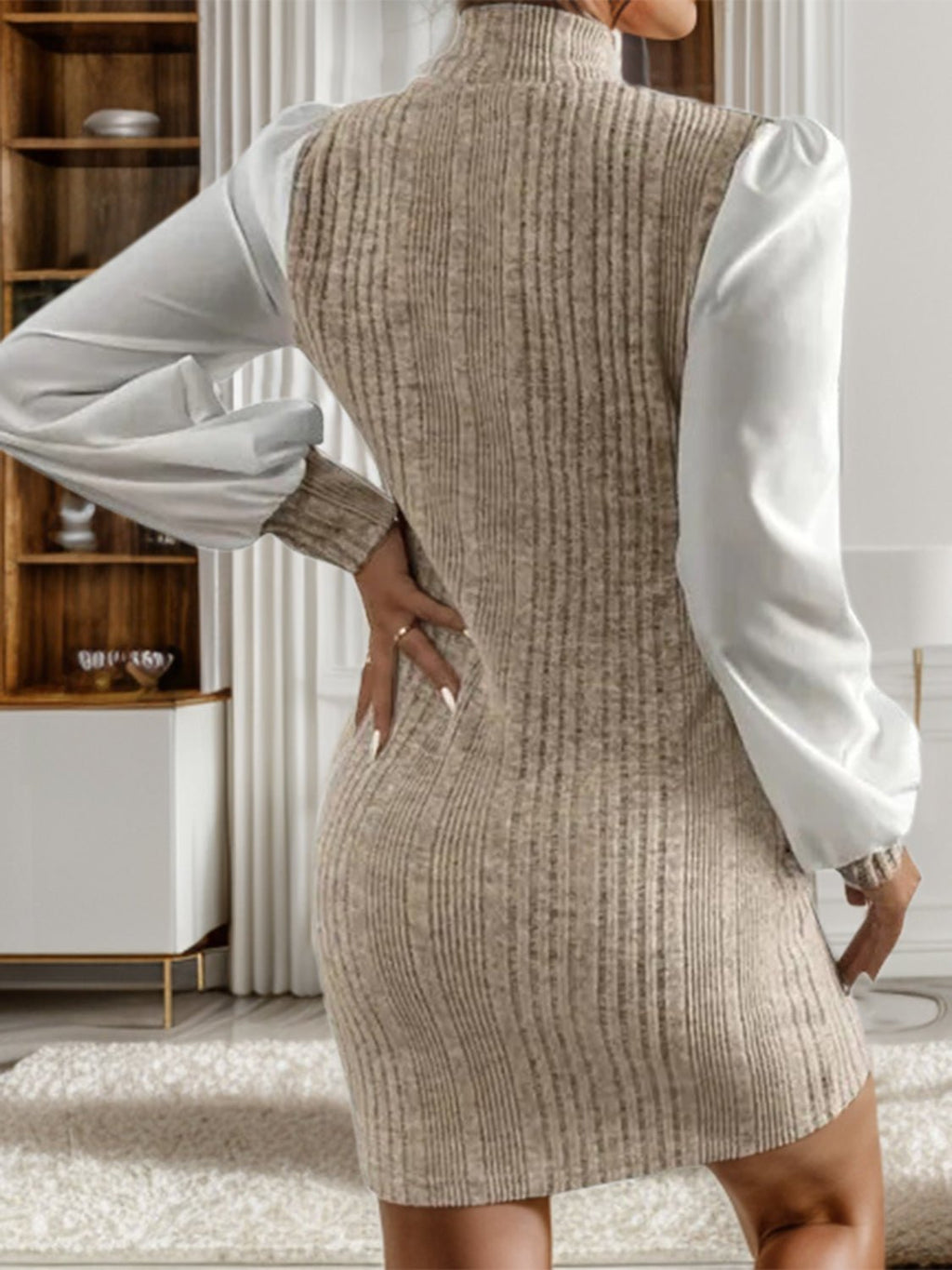 Ribbed Contrast Long Sleeve Sweater Dress - ViarousViarousViarous