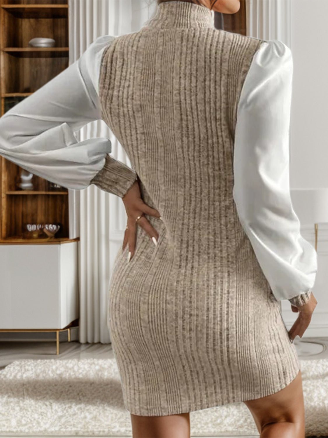 Ribbed Contrast Long Sleeve Sweater Dress - ViarousViarousViarous