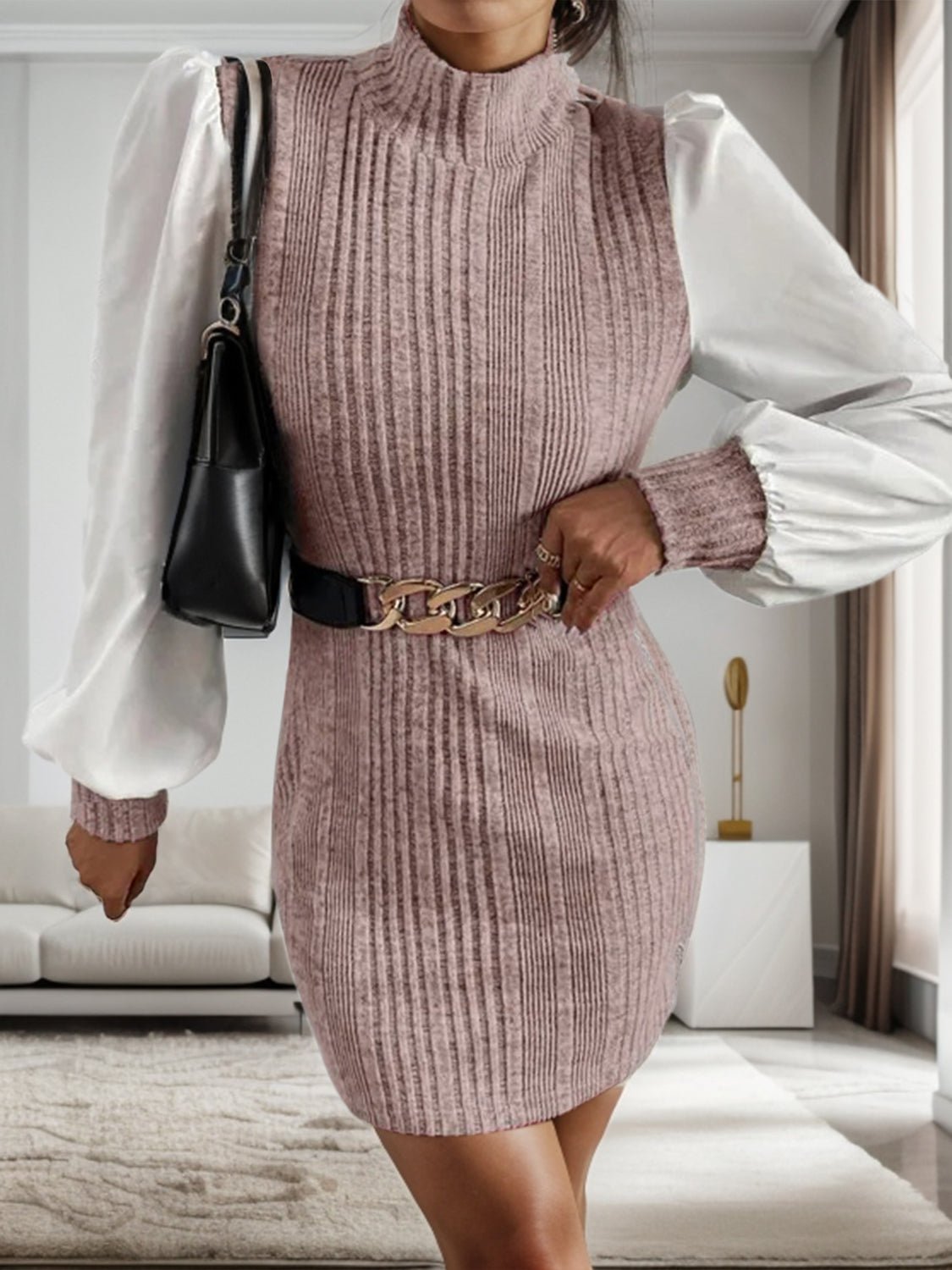 Ribbed Contrast Long Sleeve Sweater Dress - ViarousViarousViarous