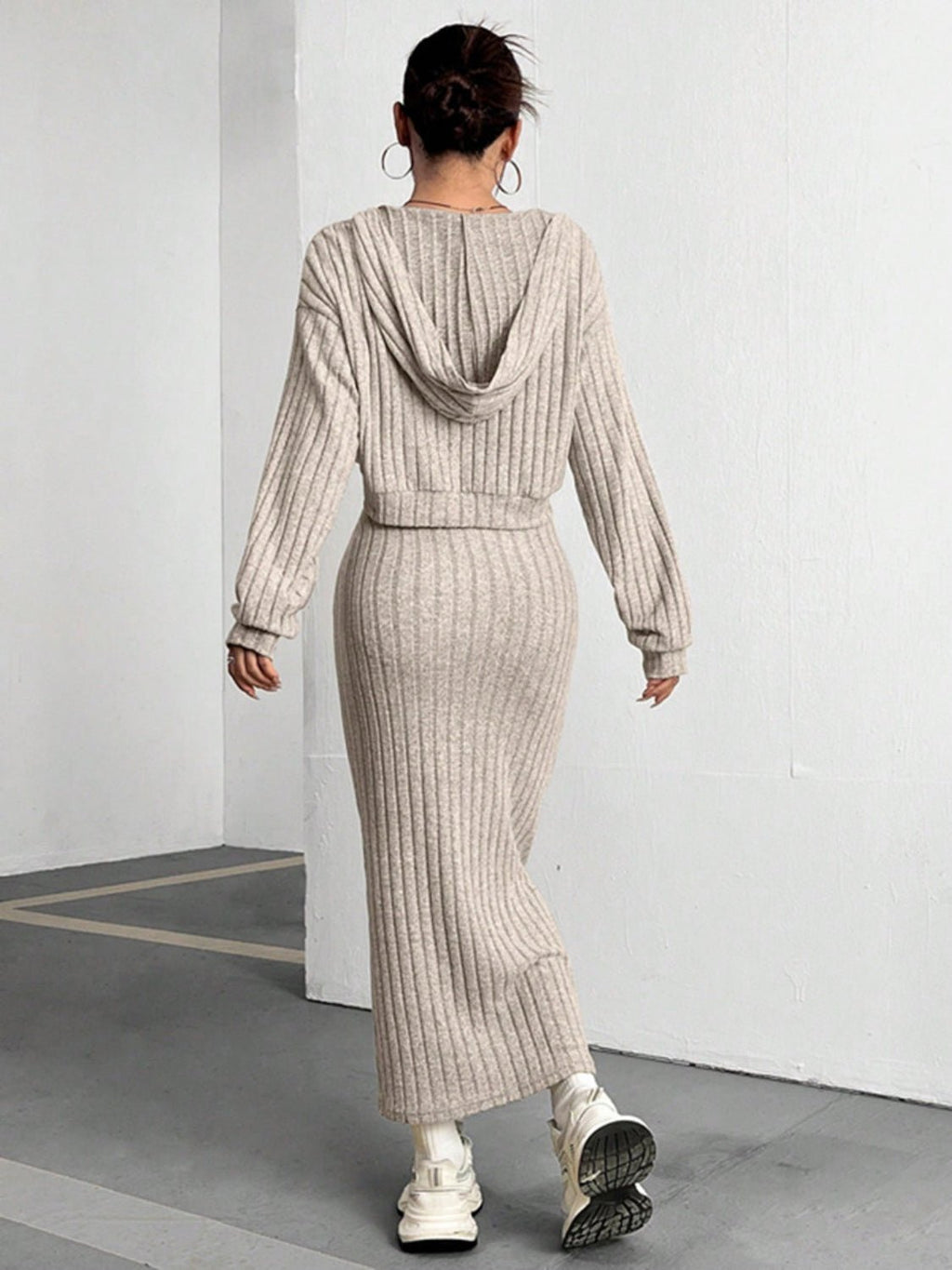 Ribbed Cropped Hooded Top and V - Neck Tank Dress Set - ViarousViarousViarous