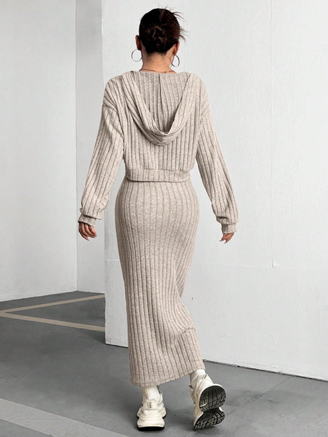 Ribbed Cropped Hooded Top and V - Neck Tank Dress Set - ViarousViarousViarous