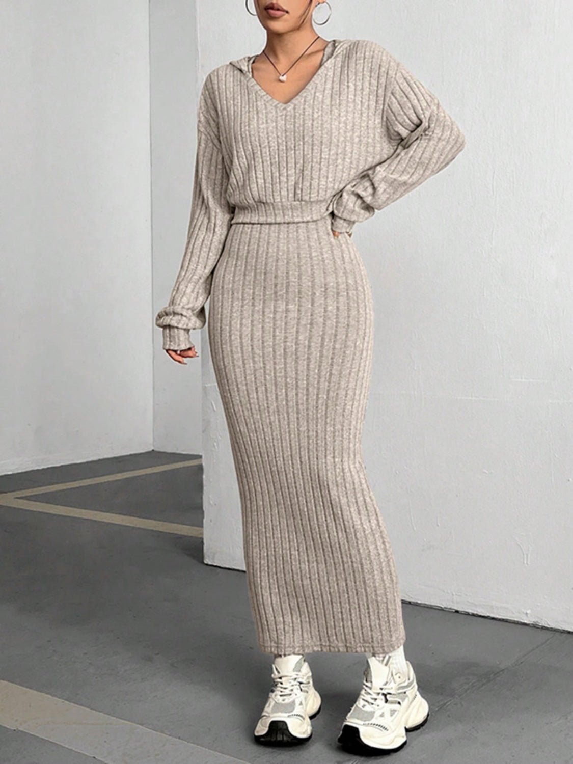 Ribbed Cropped Hooded Top and V - Neck Tank Dress Set - ViarousViarousViarous