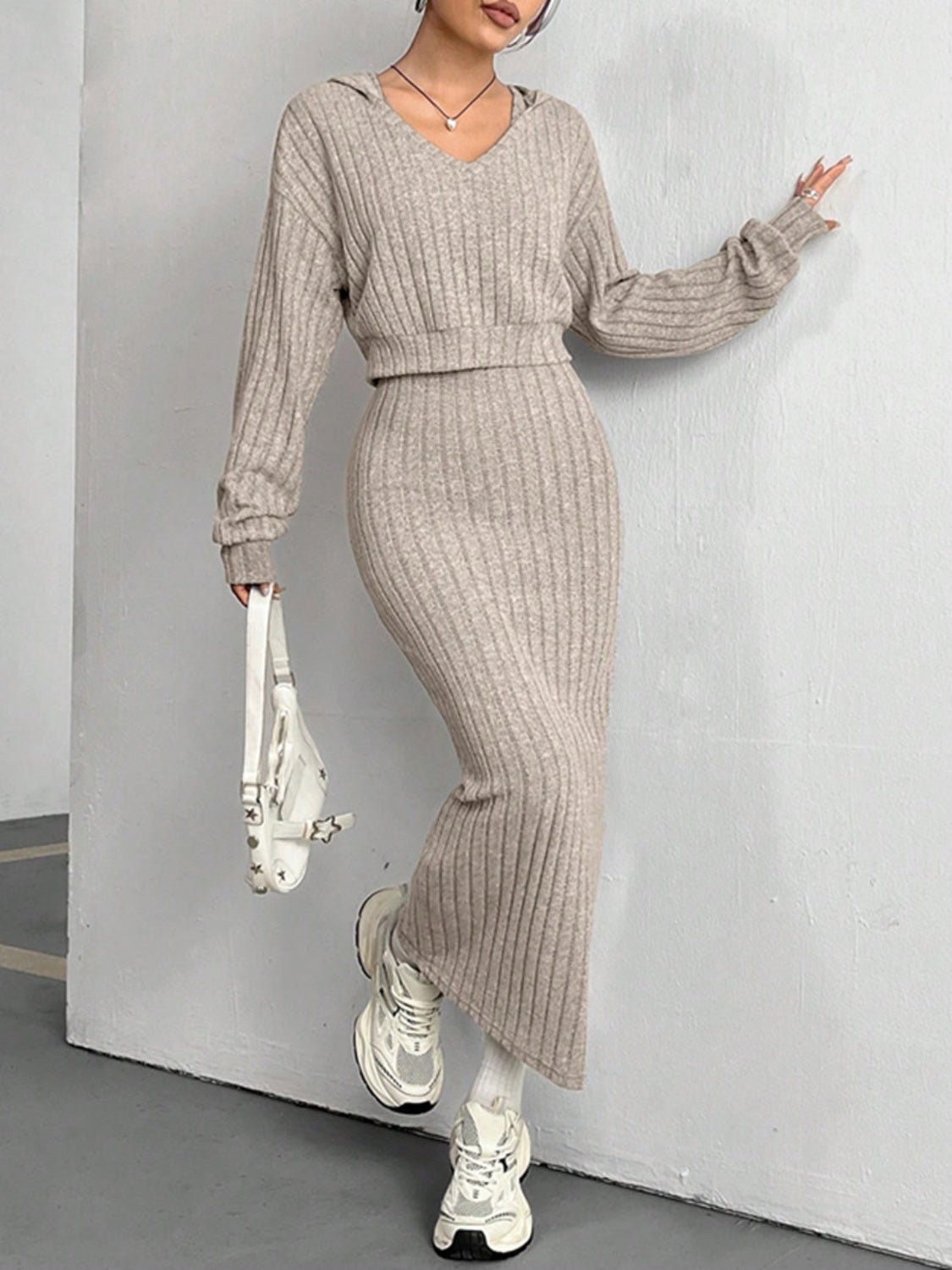 Ribbed Cropped Hooded Top and V - Neck Tank Dress Set - ViarousViarousViarous