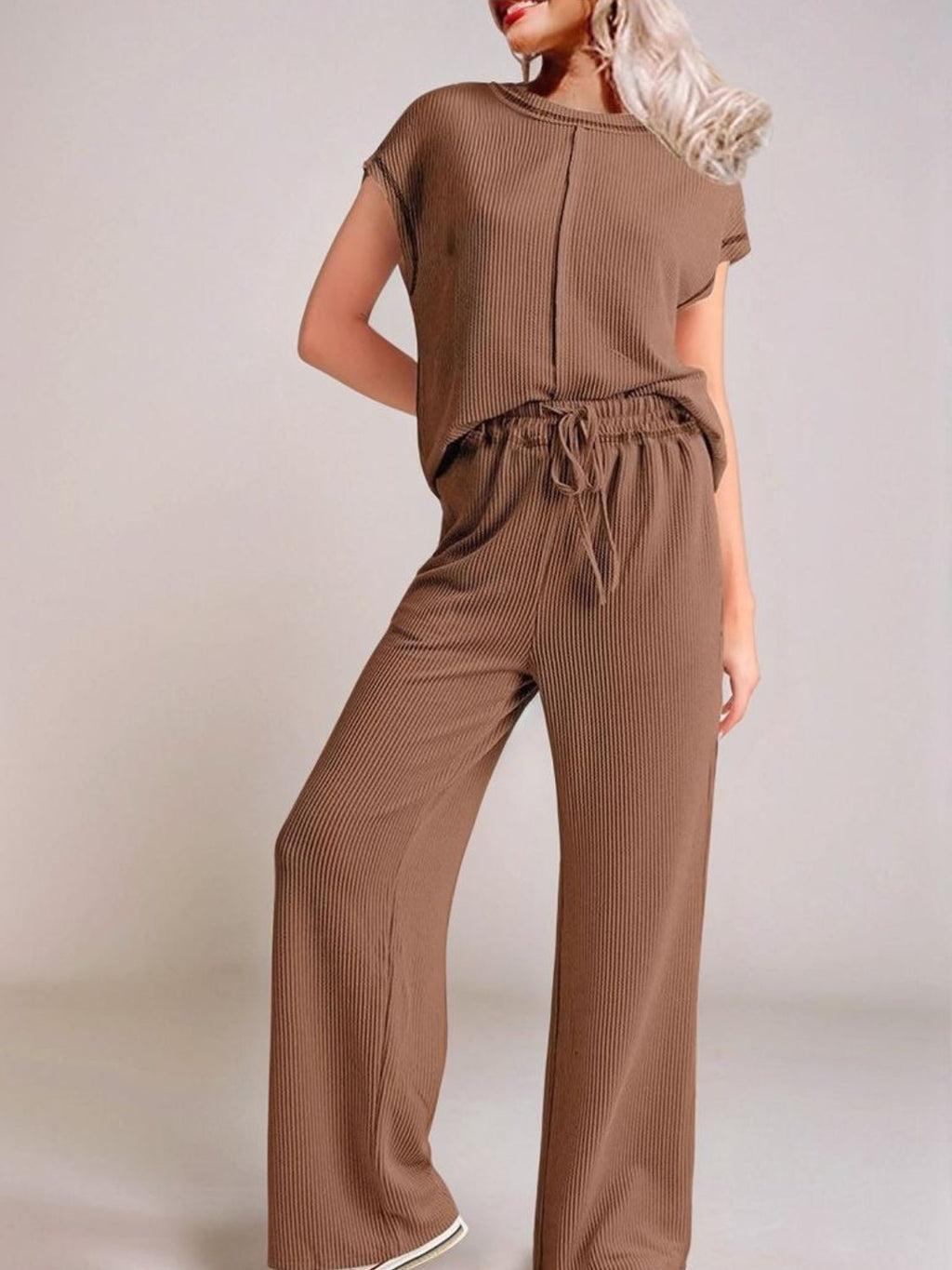 Ribbed Exposed Seam Top and Pants Set - ViarousViarousViarous