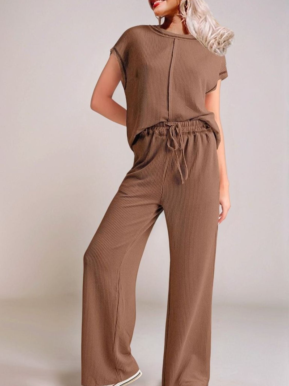 Ribbed Exposed Seam Top and Pants Set - ViarousViarousViarous