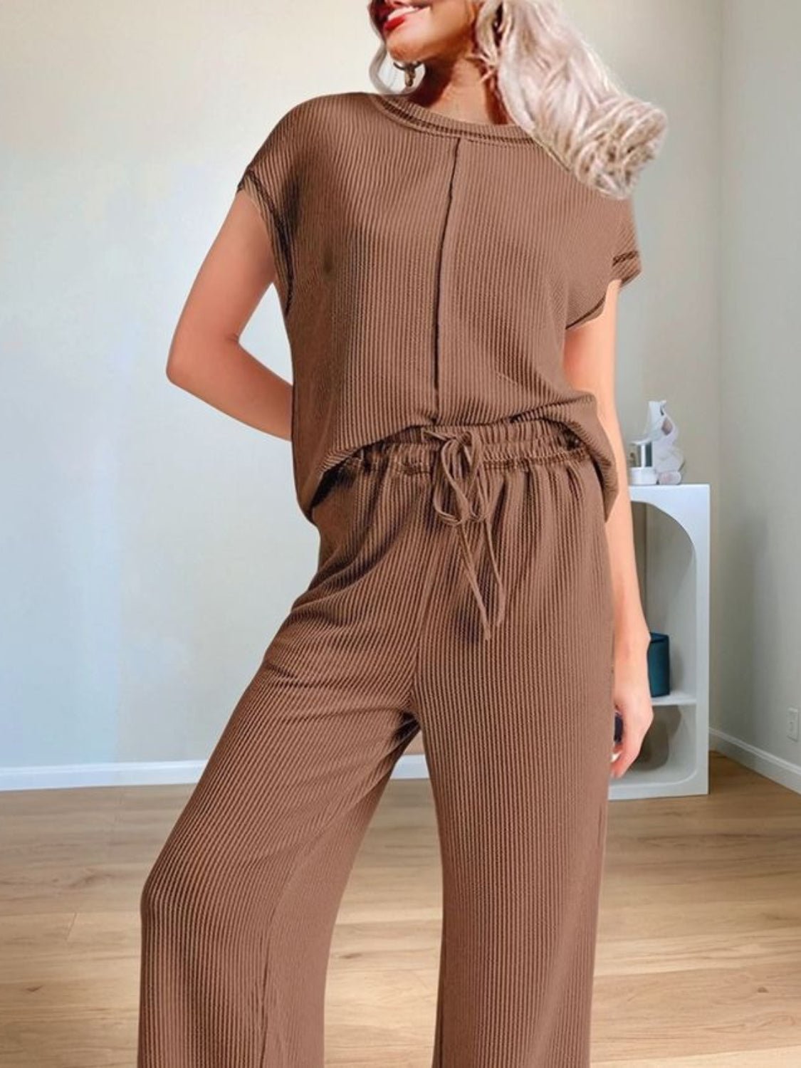 Ribbed Exposed Seam Top and Pants Set - ViarousViarousViarous