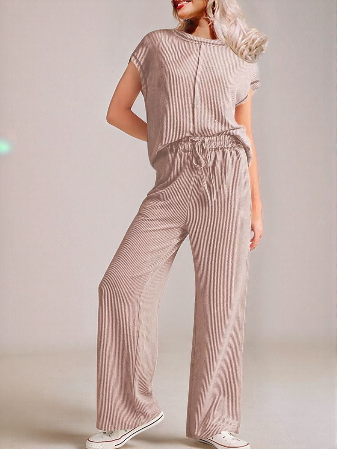 Ribbed Exposed Seam Top and Pants Set - ViarousViarousViarous