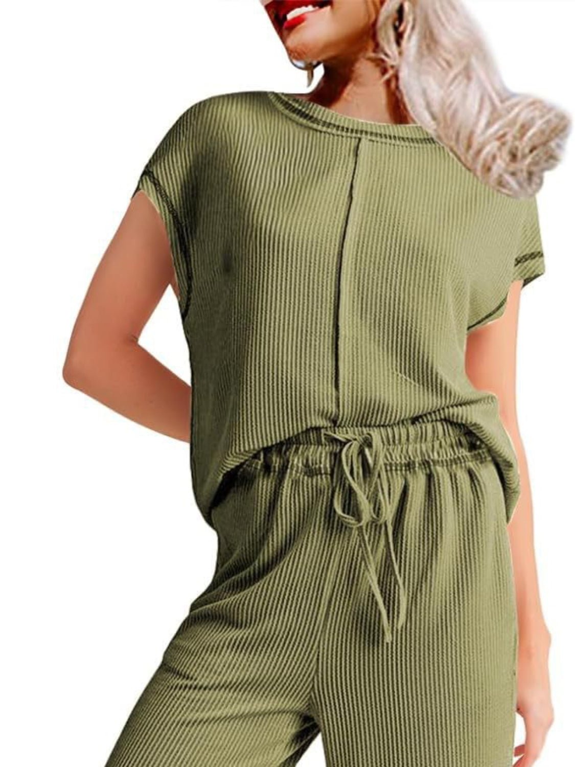 Ribbed Exposed Seam Top and Pants Set - ViarousViarousViarous