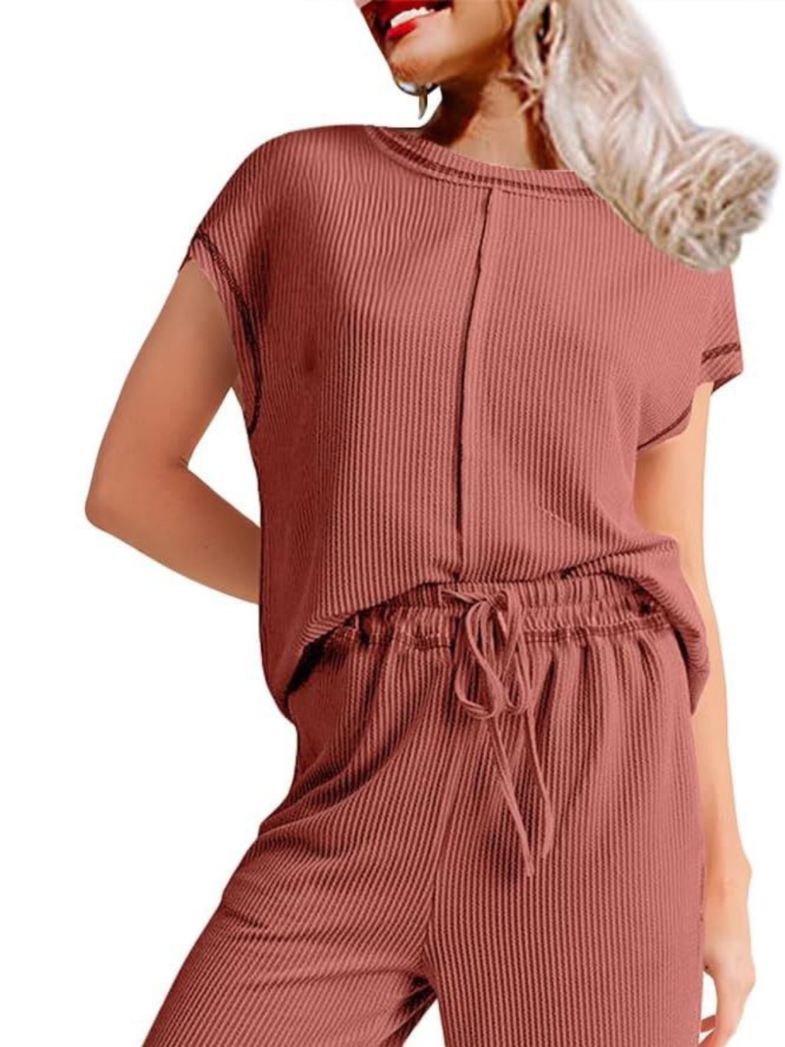 Ribbed Exposed Seam Top and Pants Set - ViarousViarousViarous