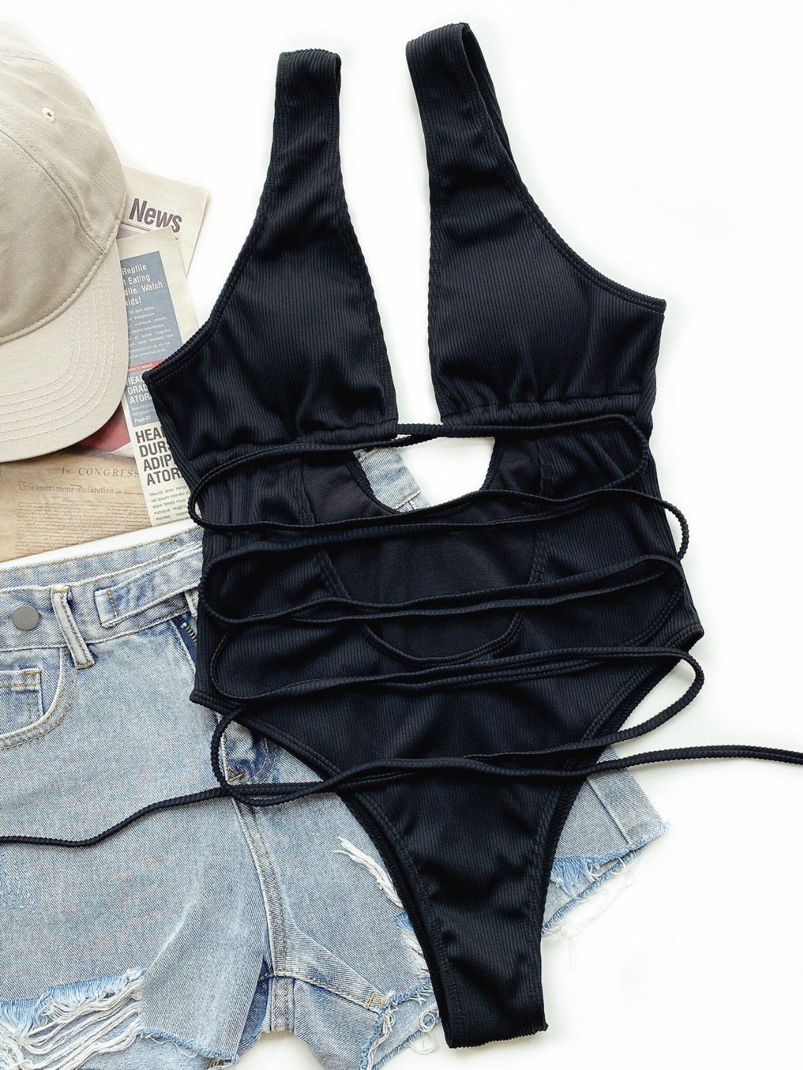 Ribbed Lace Up One - Piece Swimsuit - ViarousViarousViarous