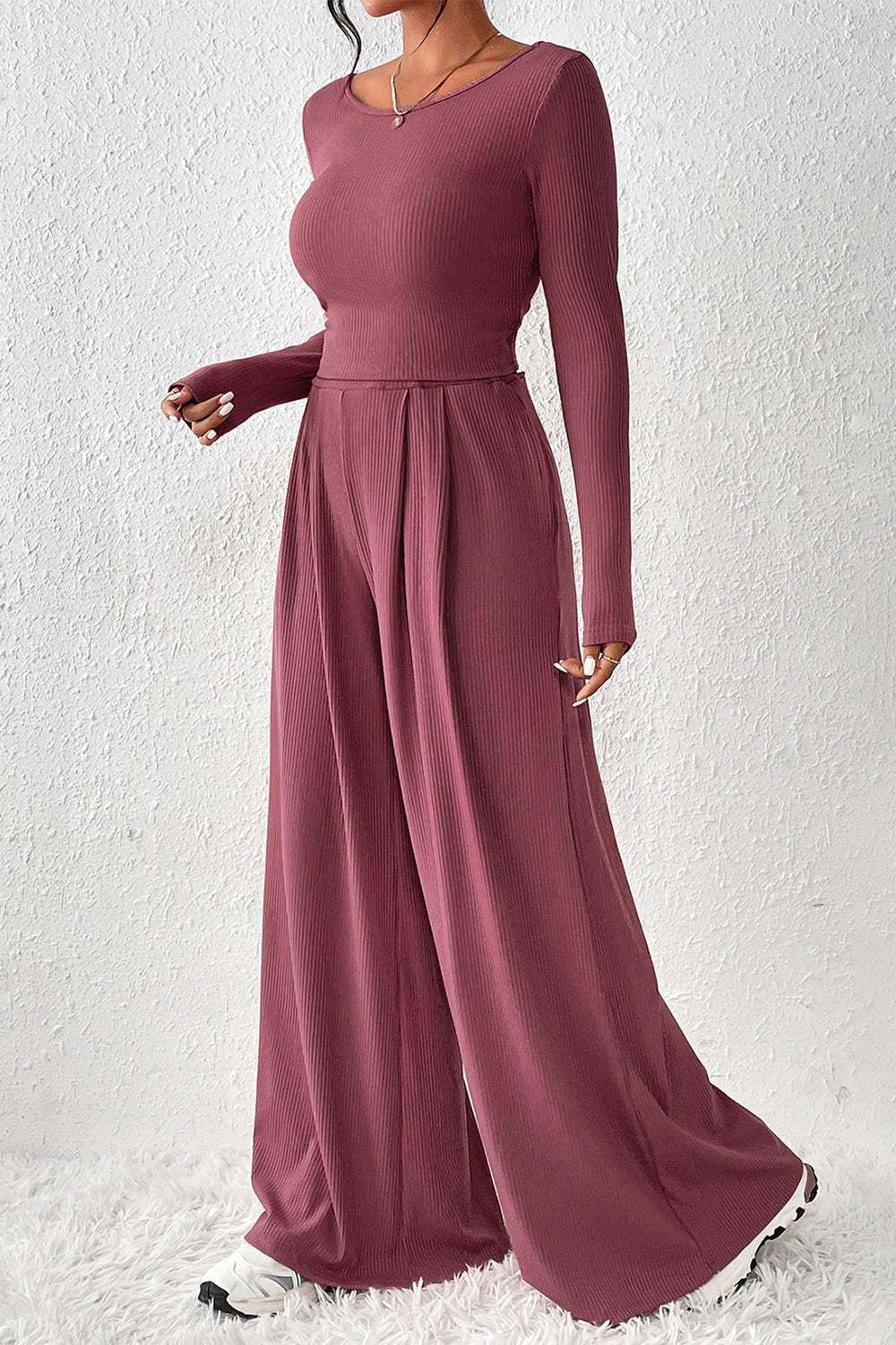 Ribbed Round Neck Top and Wide - Leg Pants Set - ViarousViarousViarous