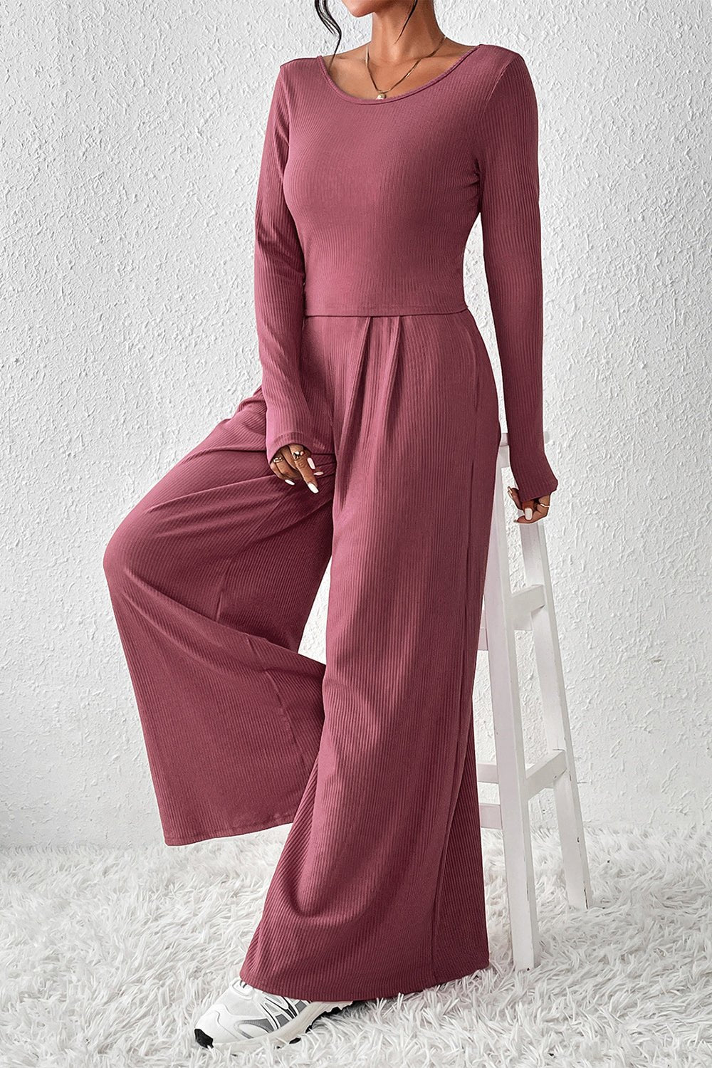 Ribbed Round Neck Top and Wide - Leg Pants Set - ViarousViarousViarous