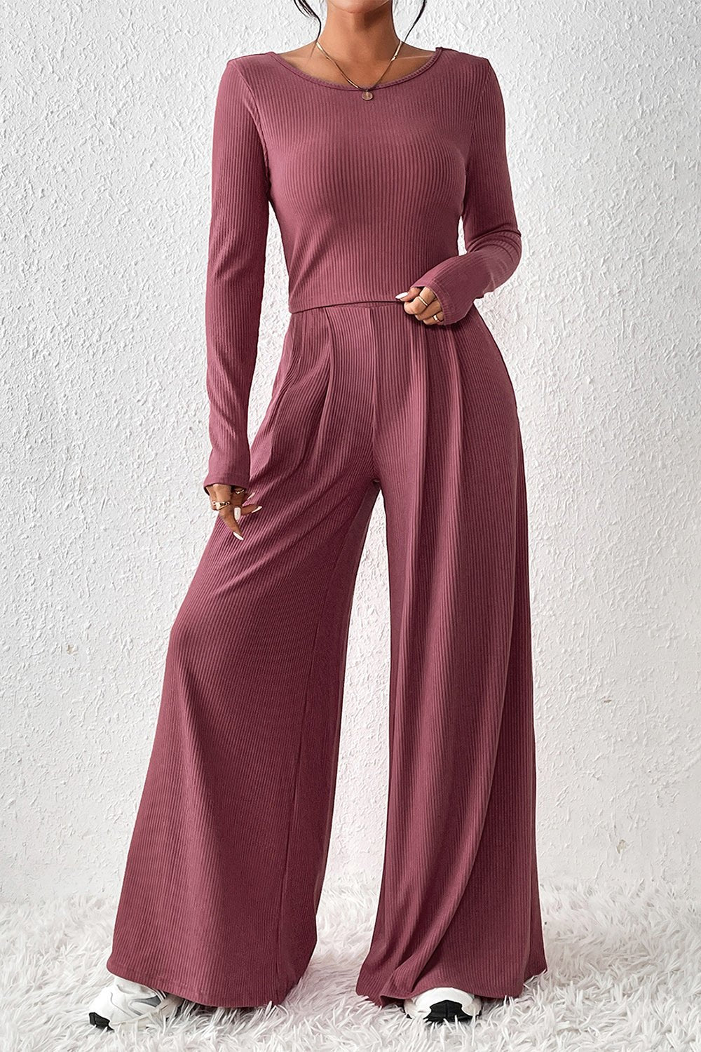 Ribbed Round Neck Top and Wide - Leg Pants Set - ViarousViarousViarous