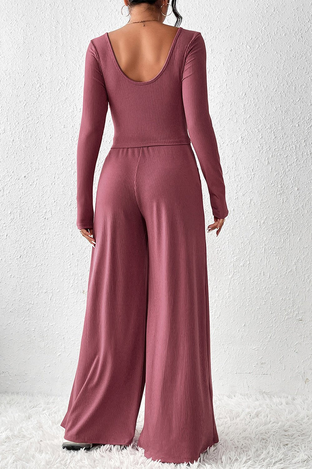 Ribbed Round Neck Top and Wide - Leg Pants Set - ViarousViarousViarous