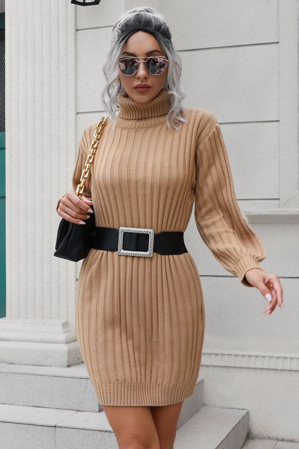 Ribbed Turtle Neck Long Sleeve Mini Sweater Dress - ViarousViarousViarous