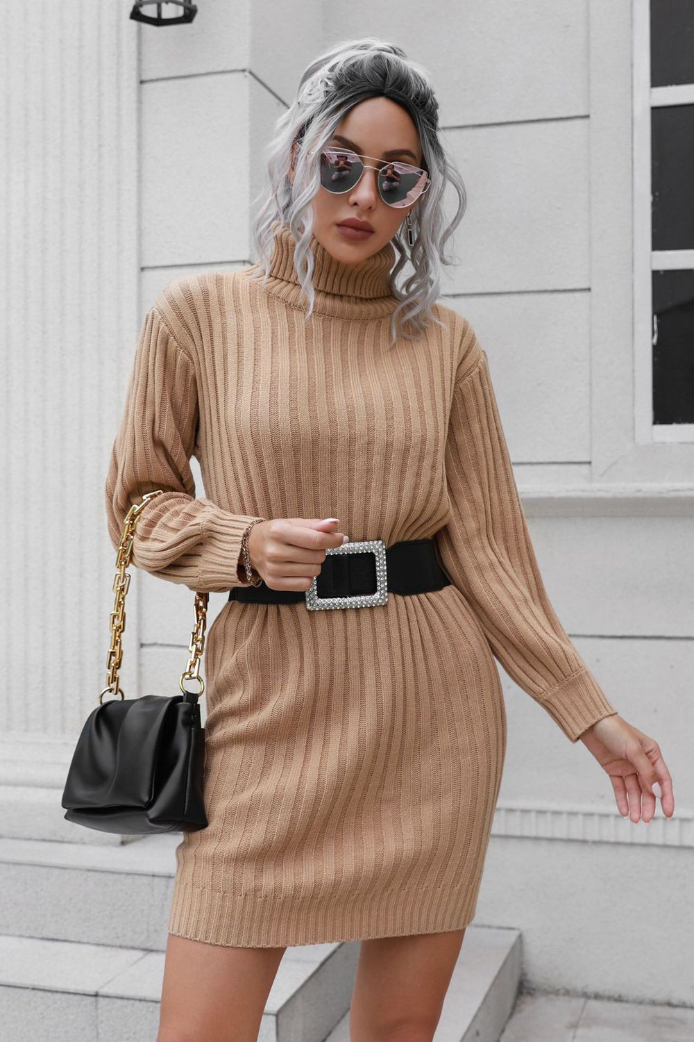 Ribbed Turtle Neck Long Sleeve Mini Sweater Dress - ViarousViarousViarous