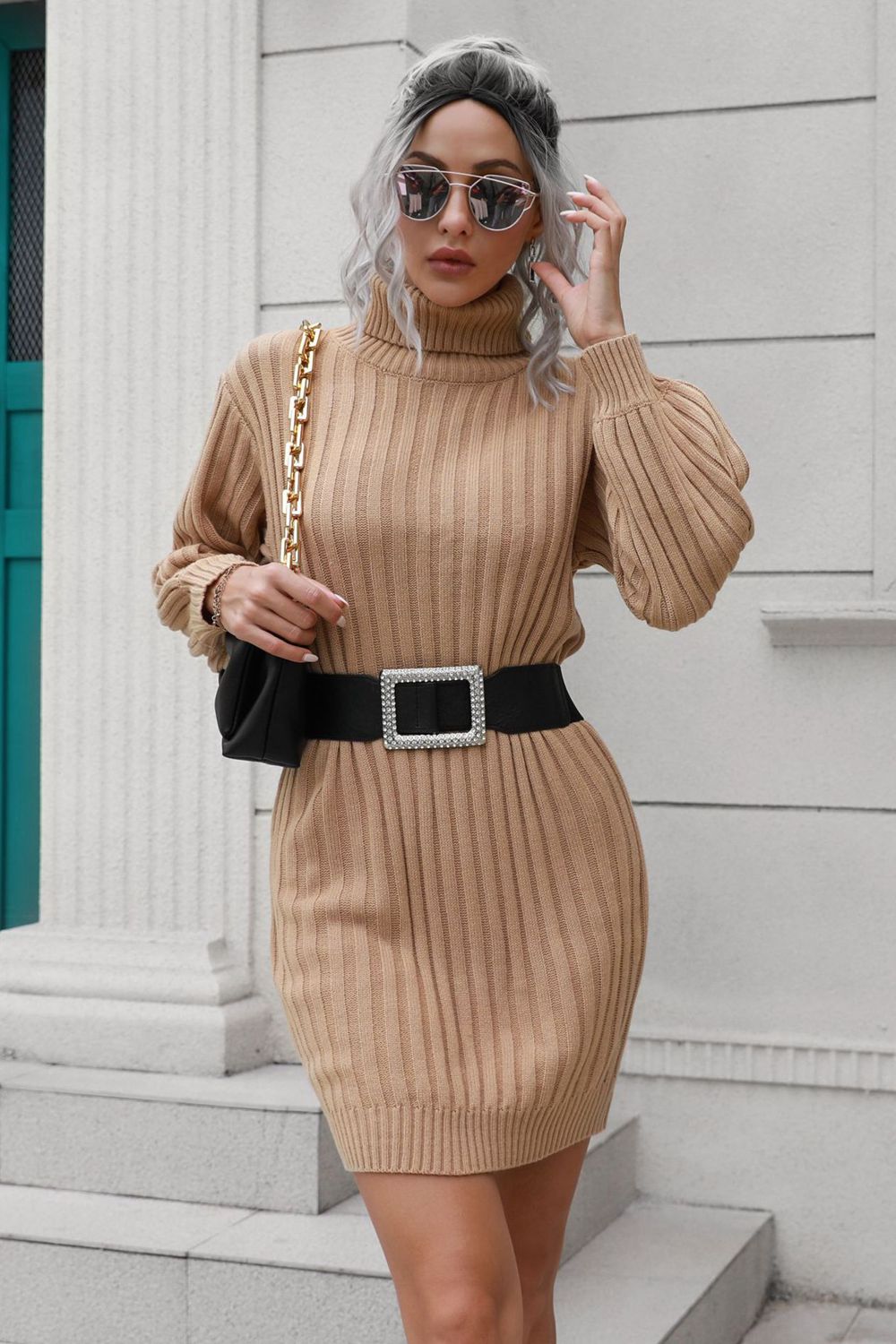 Ribbed Turtle Neck Long Sleeve Mini Sweater Dress - ViarousViarousViarous