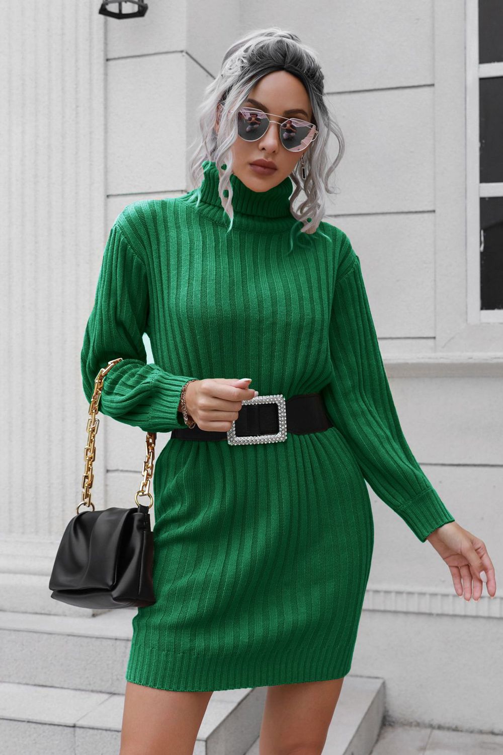Ribbed Turtle Neck Long Sleeve Mini Sweater Dress - ViarousViarousViarous