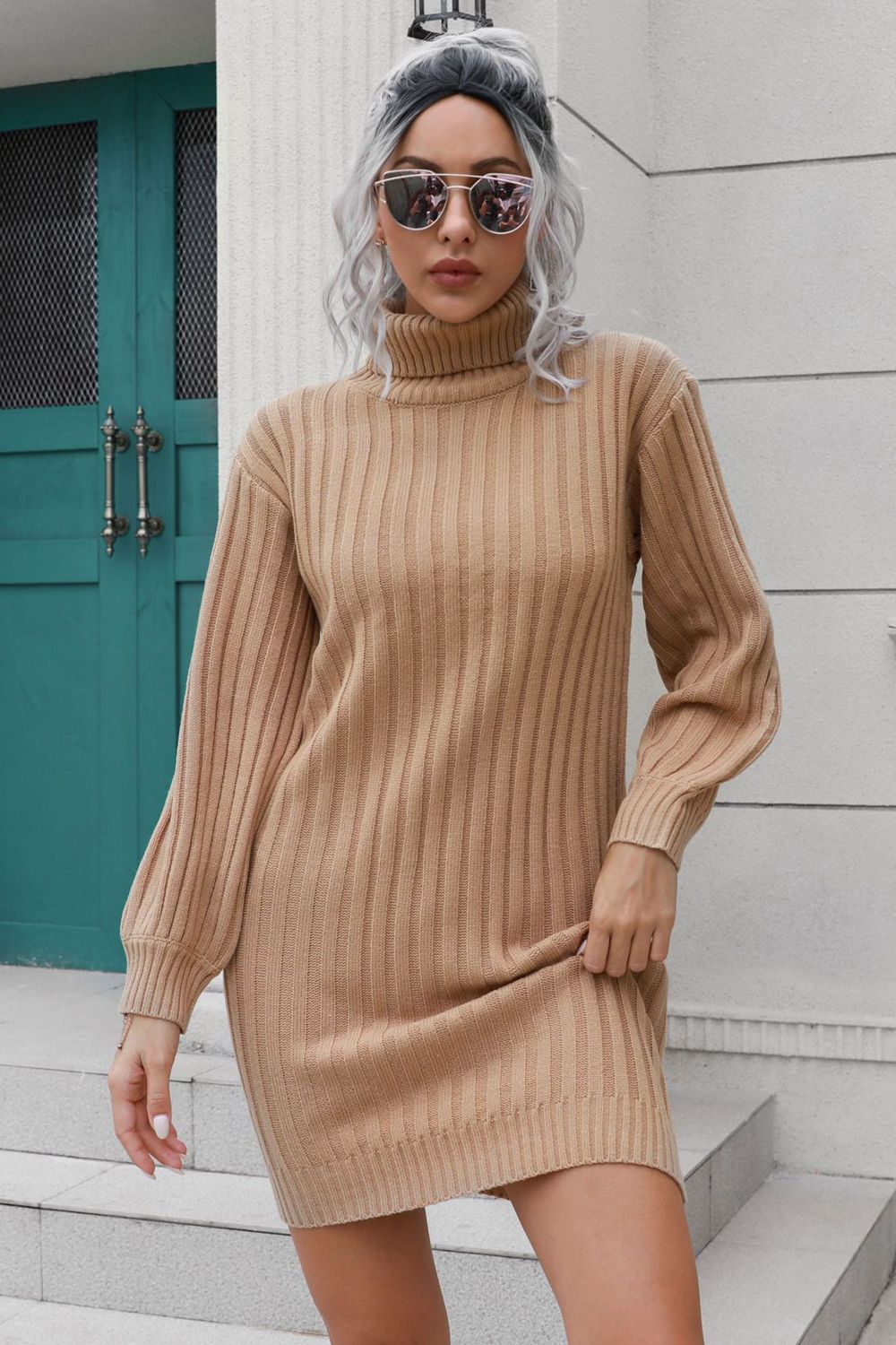 Ribbed Turtle Neck Long Sleeve Mini Sweater Dress - ViarousViarousViarous