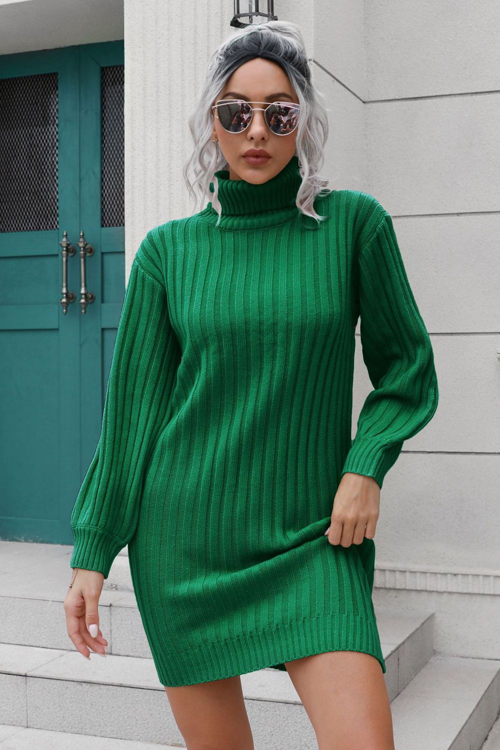 Ribbed Turtle Neck Long Sleeve Mini Sweater Dress - ViarousViarousViarous