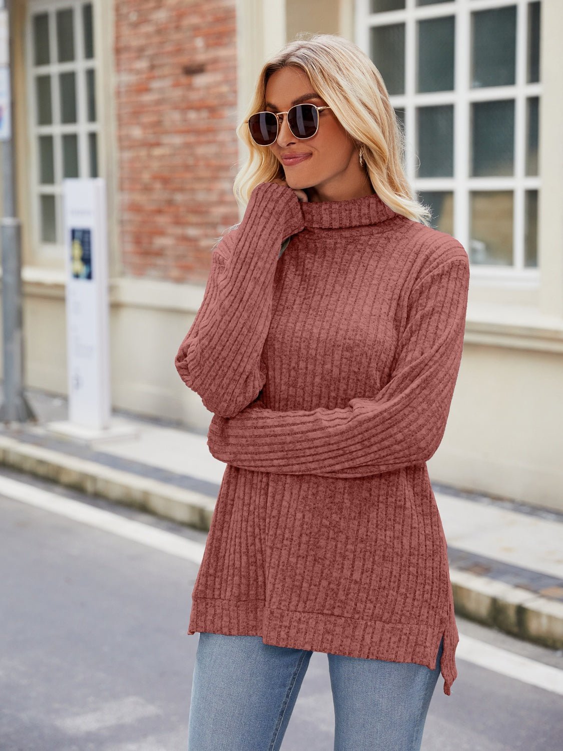Ribbed Turtleneck Long Sleeve Slit Knit Top - ViarousViarousViarous