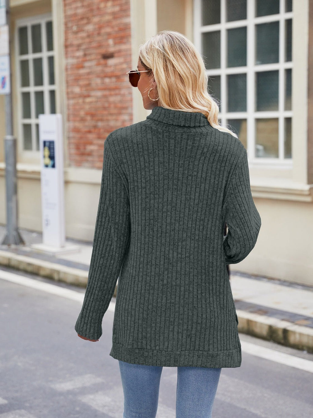 Ribbed Turtleneck Long Sleeve Slit Knit Top - ViarousViarousViarous