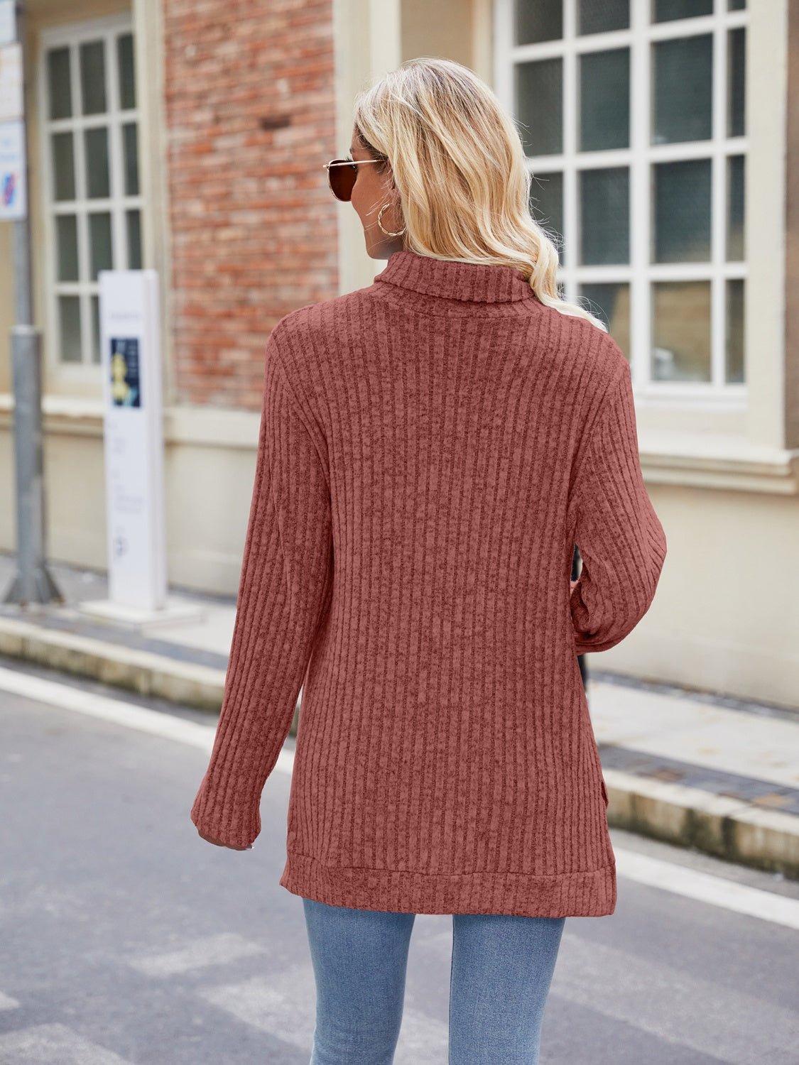Ribbed Turtleneck Long Sleeve Slit Knit Top - ViarousViarousViarous