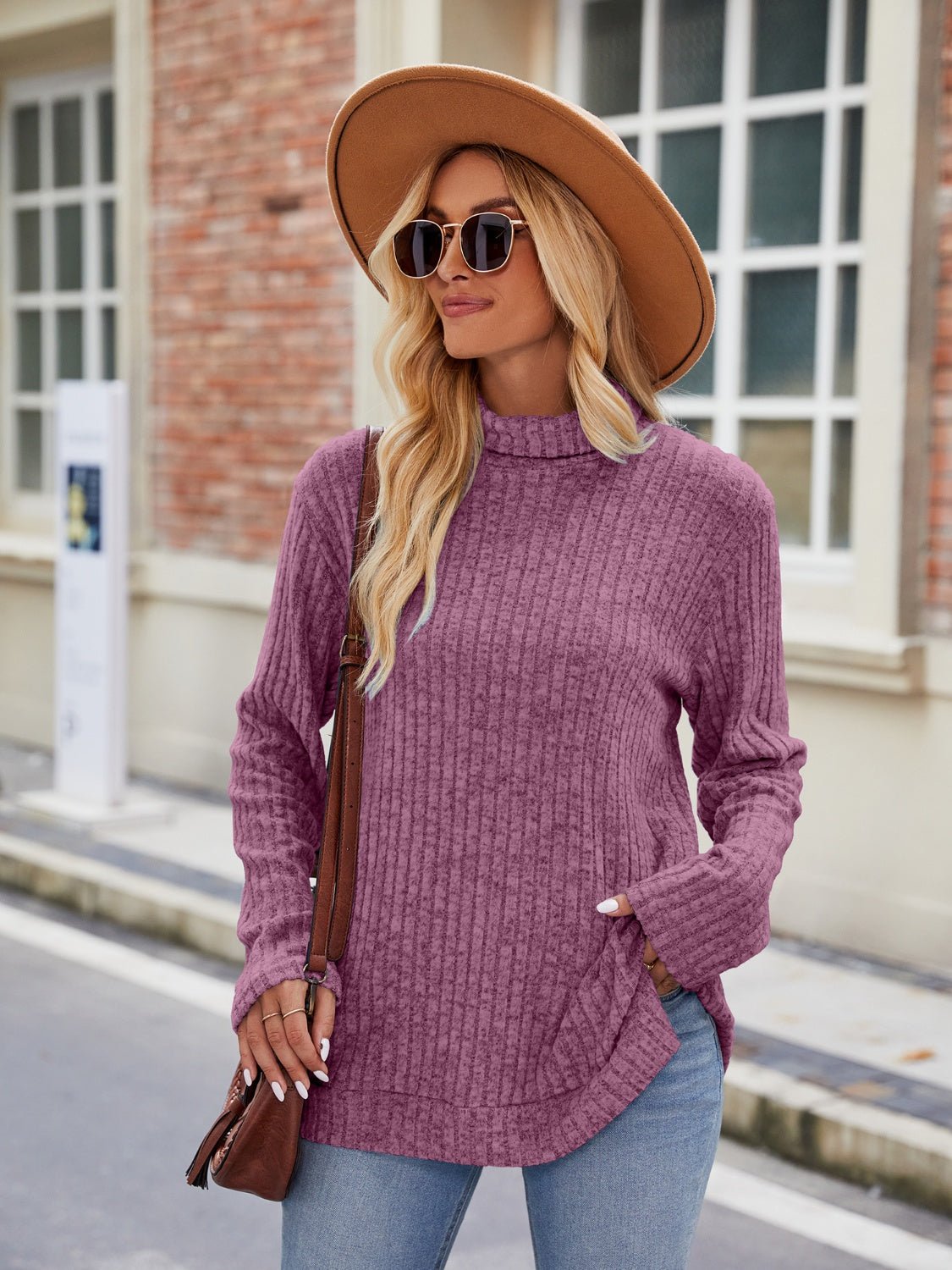 Ribbed Turtleneck Long Sleeve Slit Knit Top - ViarousViarousViarous