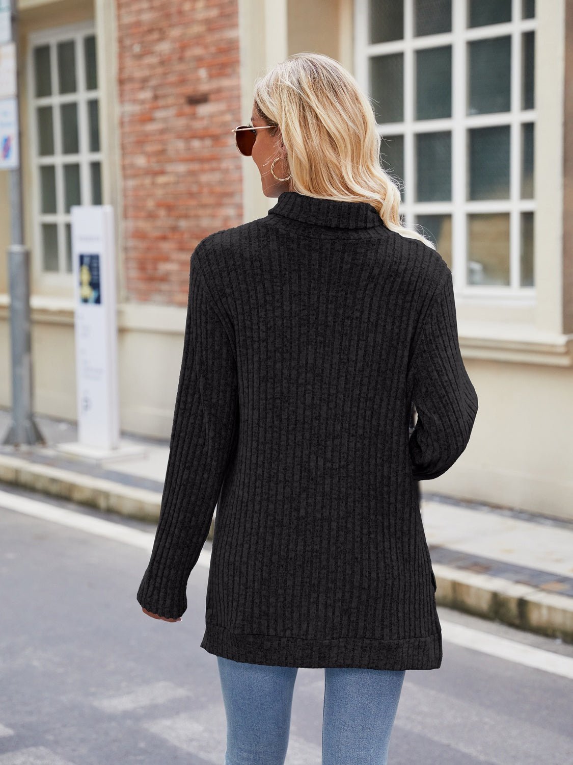 Ribbed Turtleneck Long Sleeve Slit Knit Top - ViarousViarousViarous