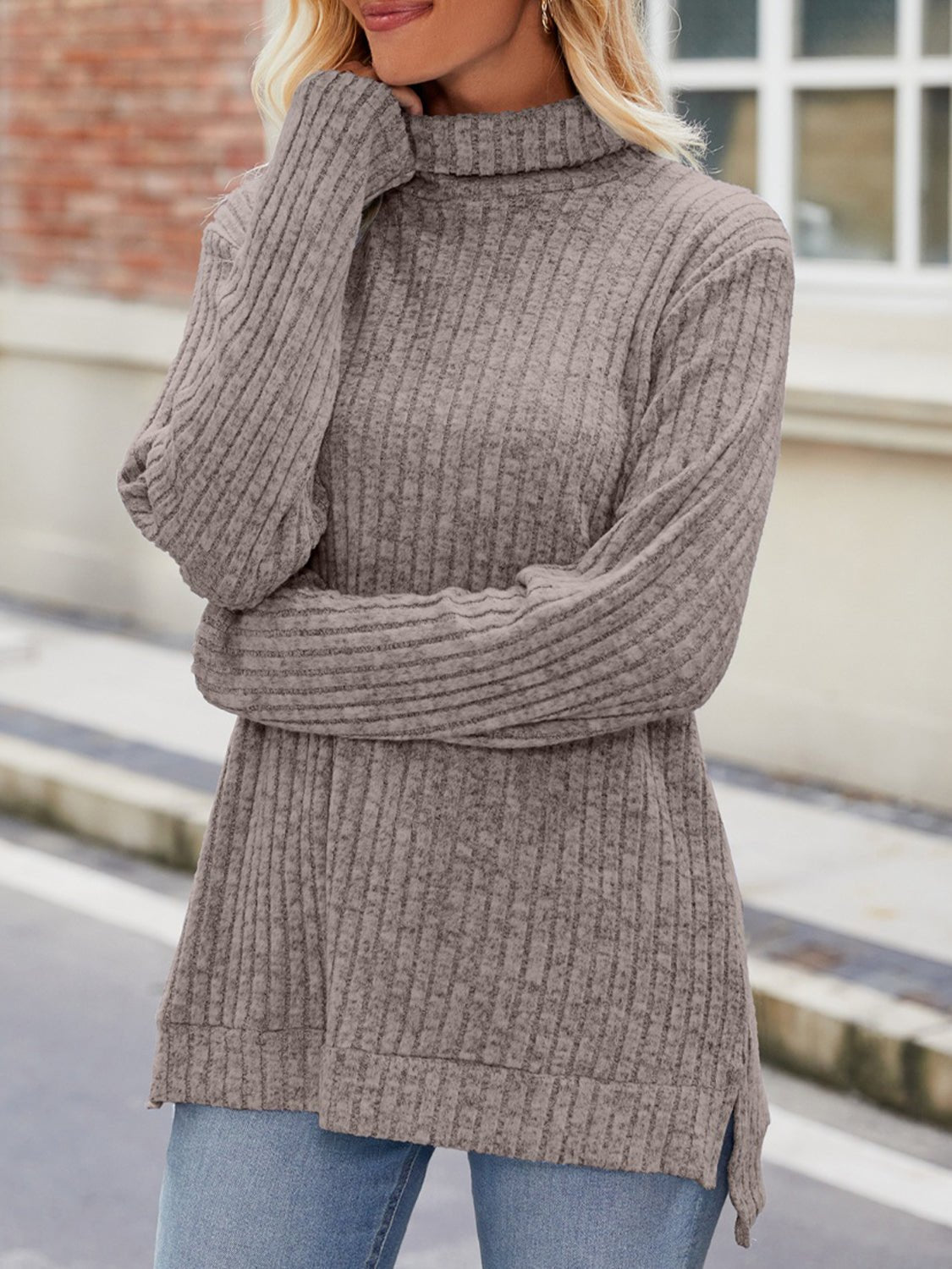 Ribbed Turtleneck Long Sleeve Slit Knit Top - ViarousViarousViarous