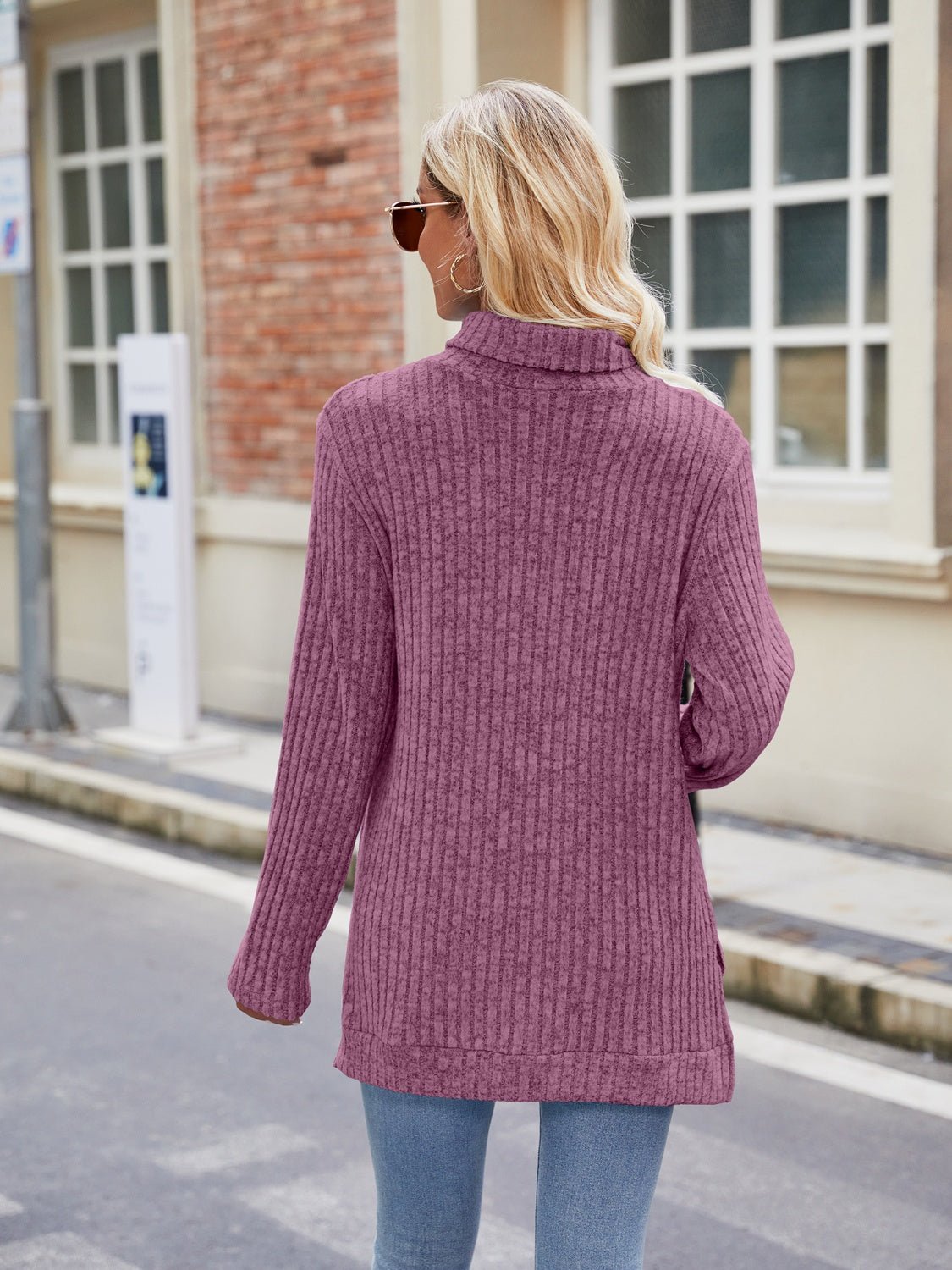 Ribbed Turtleneck Long Sleeve Slit Knit Top - ViarousViarousViarous