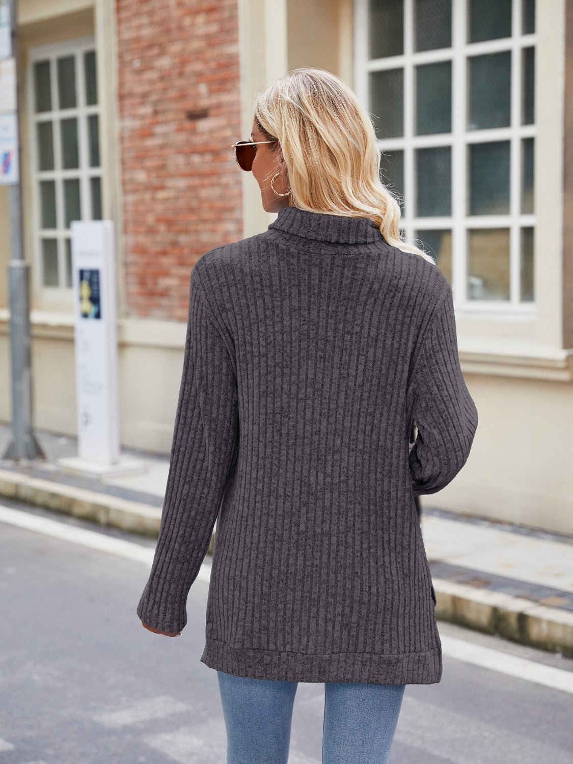 Ribbed Turtleneck Long Sleeve Slit Knit Top - ViarousViarousViarous