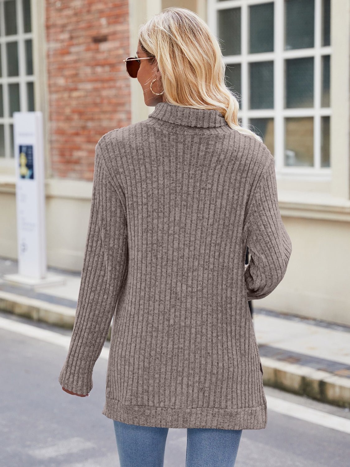 Ribbed Turtleneck Long Sleeve Slit Knit Top - ViarousViarousViarous