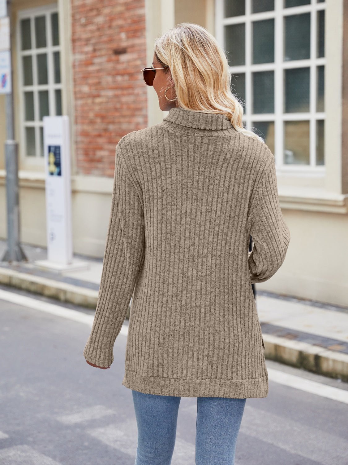Ribbed Turtleneck Long Sleeve Slit Knit Top - ViarousViarousViarous
