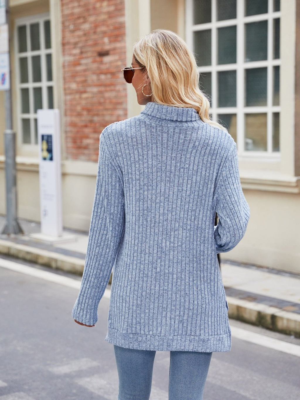Ribbed Turtleneck Long Sleeve Slit Knit Top - ViarousViarousViarous